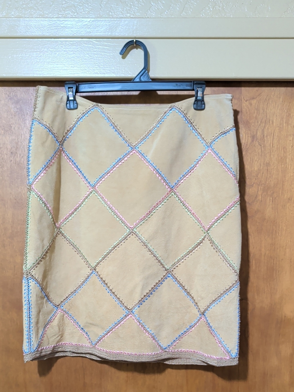 Essentials Beige Suede Pencil Skirt with Multicolor Diamond Stitch